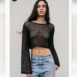 🖤HTF Zara Black Open Knit Bell Sleeve Crop Top Cover-Up